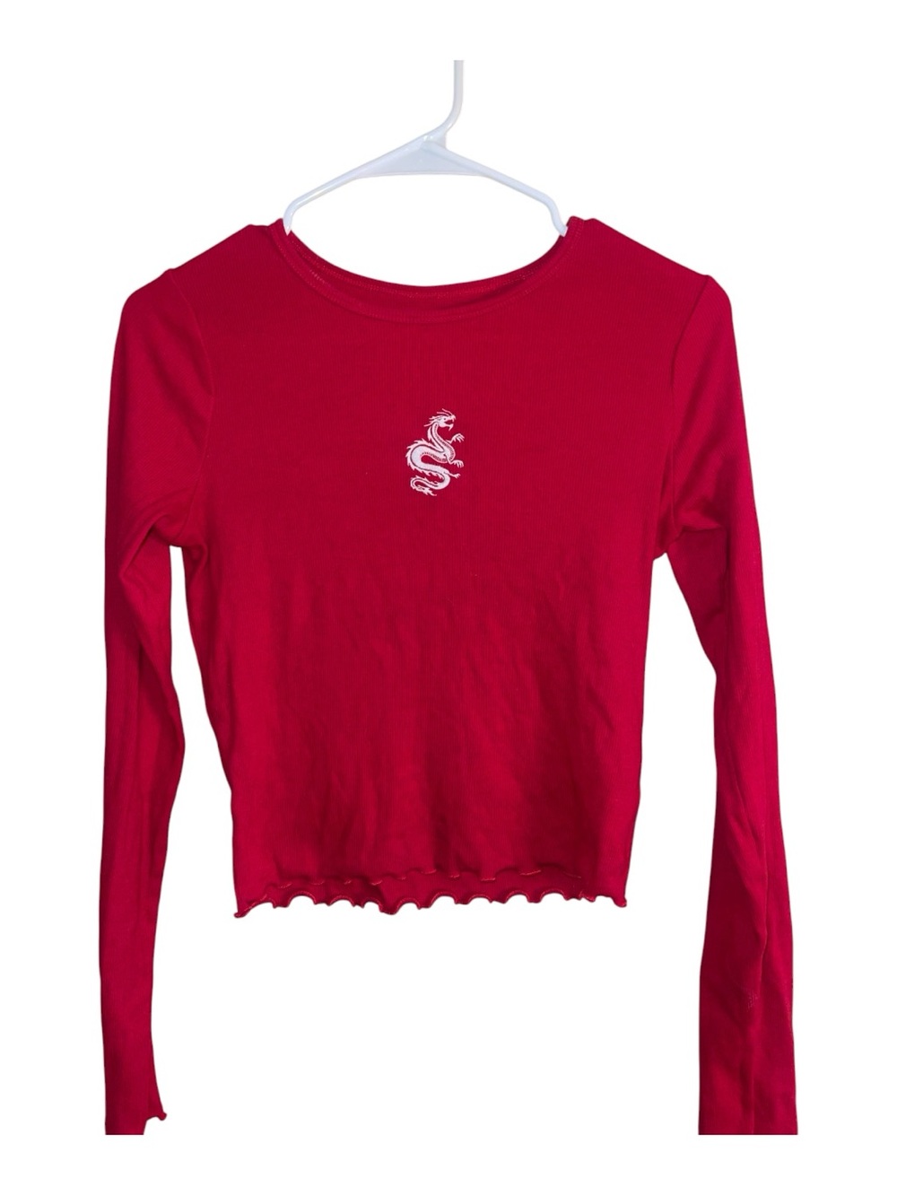 Hollister Red Ribbed Dragon Crop Top Long Sleeve Knit Lettuce Trim Grunge Medium